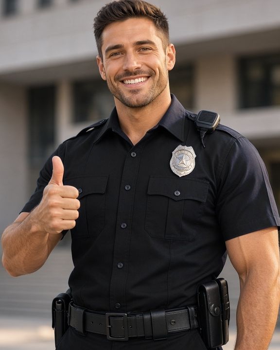Code enforcement officer in a black uniform smiling and giving a thumbs up (AI-generated image)
