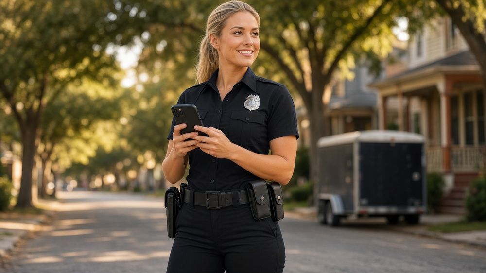 Officer photographing a trailer parked on a residential street (AI-generated image)